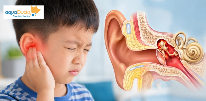 Young boy experiencing discomfort with an anatomical diagram highlighting inflammation behind the eardrum for middle ear infection.