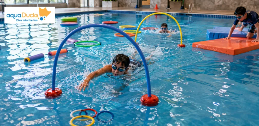 Kids racing through an obstacle course, enjoying swimming games for kids and participating in thrilling swimming race games.