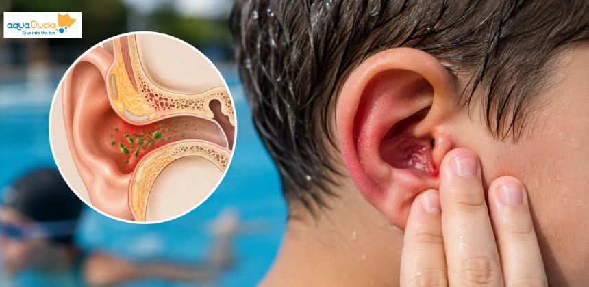 Child experiencing outer ear infection swimmer ear symptoms with pool background and anatomical diagram inset