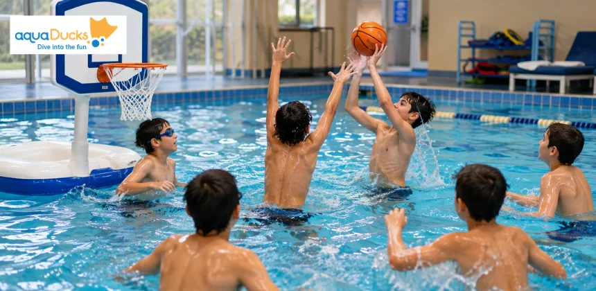 Kids playing basketball, enjoying popular swimming games for kids and engaging swimming pool games during a lively session.
