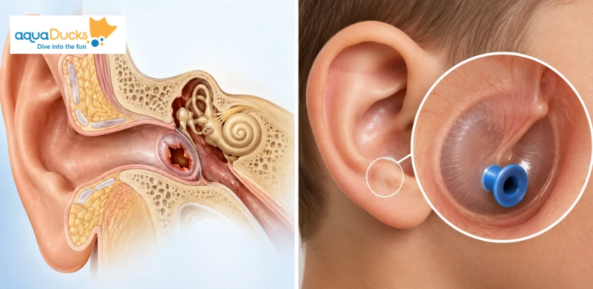 Medical illustration showing a ruptured eardrum and ear tubes grommets alongside a child ear view