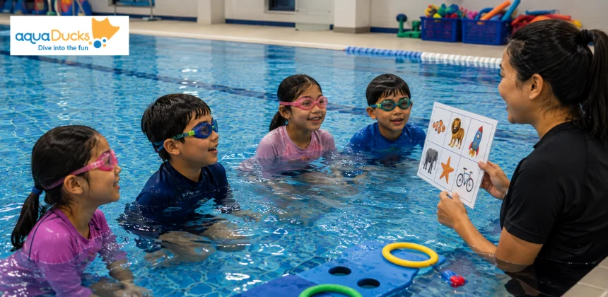 Instructor leading trivia and swim games for kids, exploring creative games to play in swimming pool during interactive lessons.