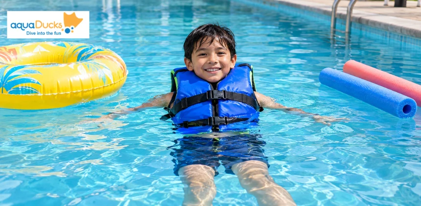 Child wearing a life jacket in a pool with toys, demonstrating essential safety tips for swimming to stay safe.