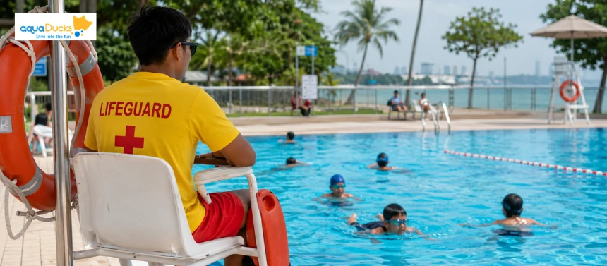 Lifeguard watching children in a Singapore pool, highlighting key safety tips for swimming and essential water survival.