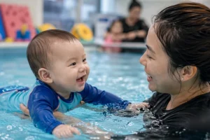 A happy infant experiencing the benefits of baby swimming lessons while practicing water movements with a parent in a Singapore indoor pool.