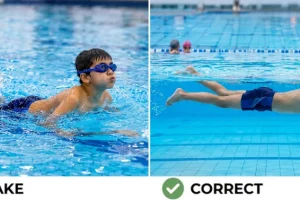 A young boy comparing common swimming mistakes kids make against correct body posture and head alignment in the pool
