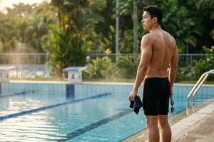 A fit man standing by an outdoor lap pool in Singapore showcasing how swimming builds muscle.