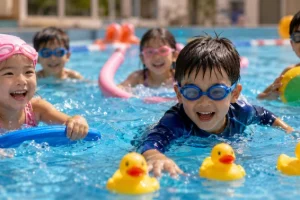 Happy kids enjoying fun swimming games for kids in Singapore, playing exciting swimming pool games and water activities together.