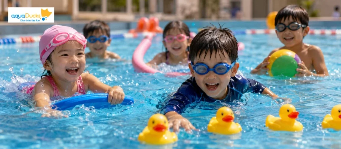 Happy kids enjoying fun swimming games for kids in Singapore, playing exciting swimming pool games and water activities together.