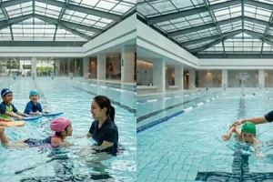 Group vs Private Swimming Lessons for Kids in Singapore indoor pools showing both group class and one on one coaching sessions