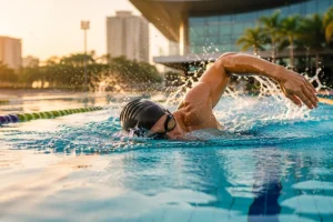 Swimmer doing freestyle strokes in an outdoor pool at sunset, showing how to build swimming endurance with proper technique
