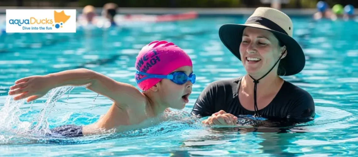 Beginner learning how to swim freestyle with instructor in a pool