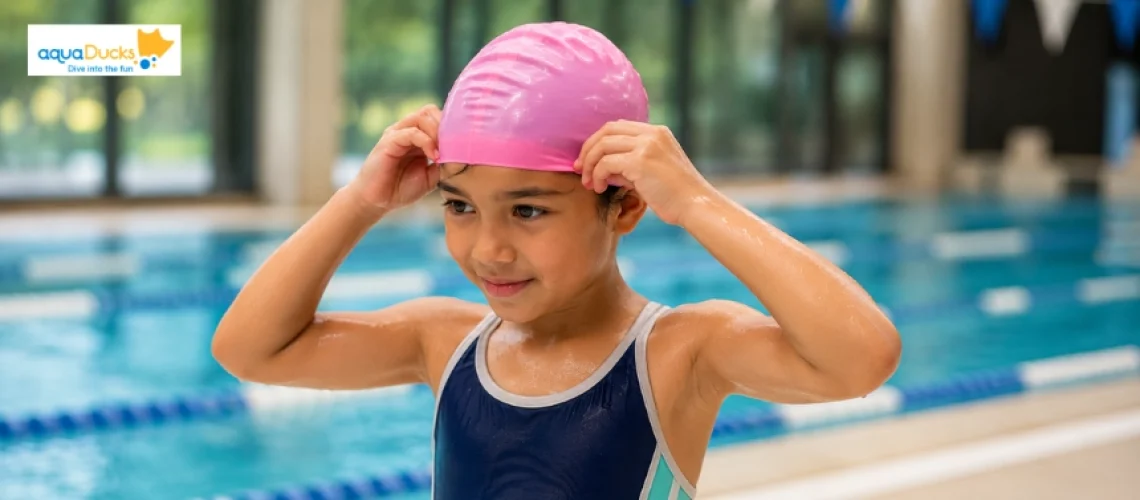 A young child adjusting a pink silicone cap while learning how to wear a swimming cap properly at an indoor pool.