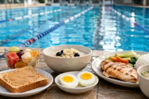 Should You Eat Before or After Swimming: Healthy pre and post-swim meals like chicken, eggs, banana, and oats next to a Singapore pool.
