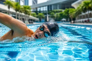 Swimmer using an efficient swimming breathing technique to stay calm and confident while training in a lap pool