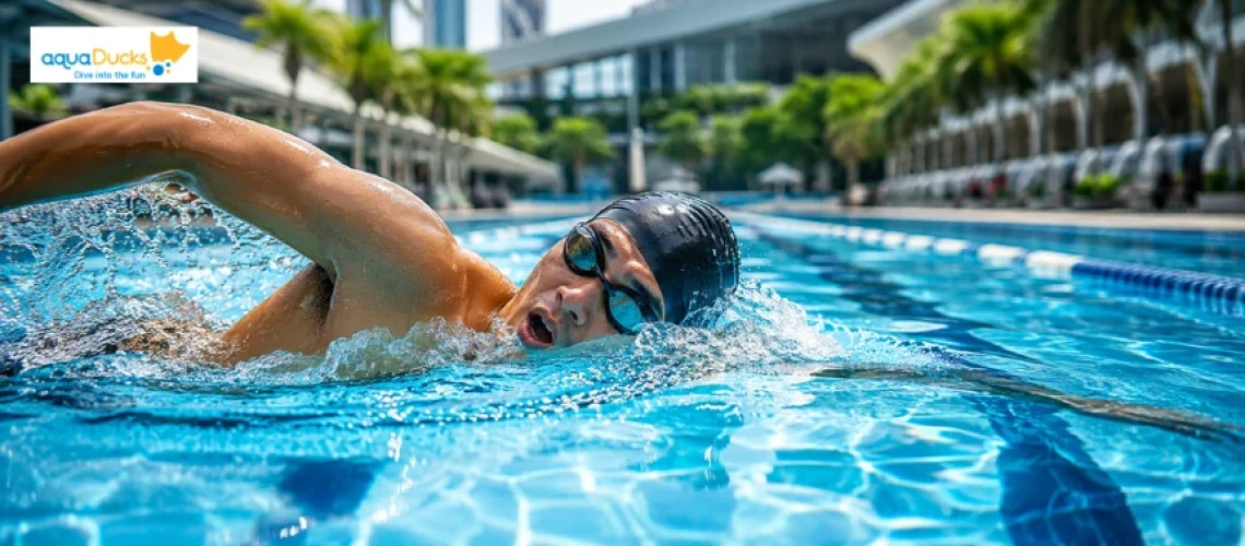 Swimmer using an efficient swimming breathing technique to stay calm and confident while training in a lap pool