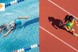 A child swimming in a pool and a girl running on a track, comparing swimming vs running for kids to find the best sport in Singapore
