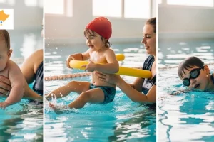Three stages of swimming lessons showing baby with parent, toddler with pool noodle, and child swimming freestyle in Singapore indoor pool