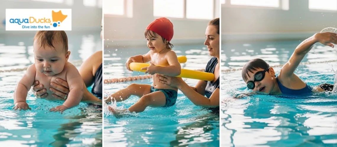 Three stages of swimming lessons showing baby with parent, toddler with pool noodle, and child swimming freestyle in Singapore indoor pool