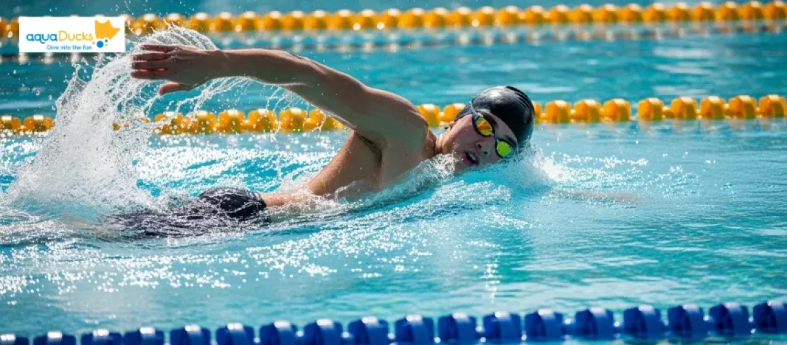 Young athlete practising freestyle stroke in a training pool, refining arm movement, breathing, and posture while learning proper swimming strokes.