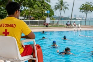 Lifeguard watching children in a Singapore pool, highlighting key safety tips for swimming and essential water survival.