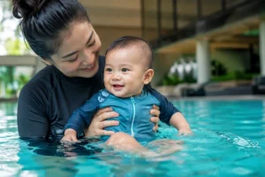 Mother and baby enjoying water, learning what do babies wear swimming safely during a professional baby swim class in Singapore