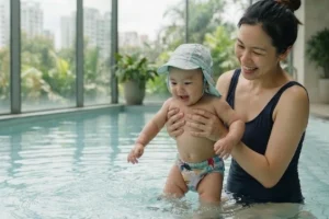 When baby can swim in the pool: mother holding smiling baby in sun hat and swim diaper, standing together in indoor pool"