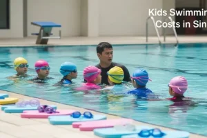 Kids swimming lesson in Singapore with instructor teaching small group of children at a public pool.